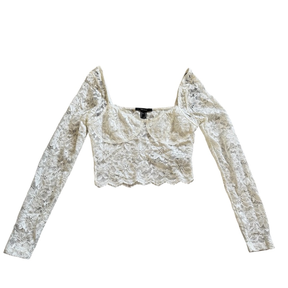Forever 21 Lace Long Sleeve Crop Top White Floral Sheer Size Medium